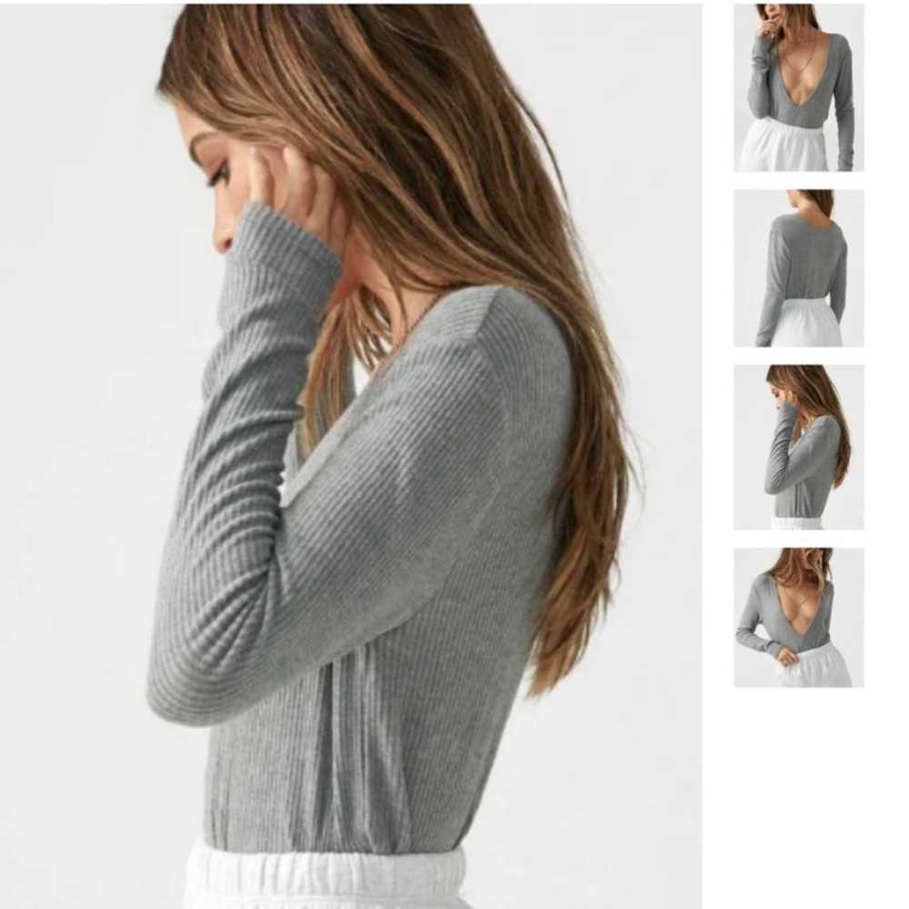 🆕JOAH BROWN HEATHER GREY LONG SLEEVE REVERSIBLE DEEP V PLUSH RIBBED CROP TOP - Picture 3 of 4